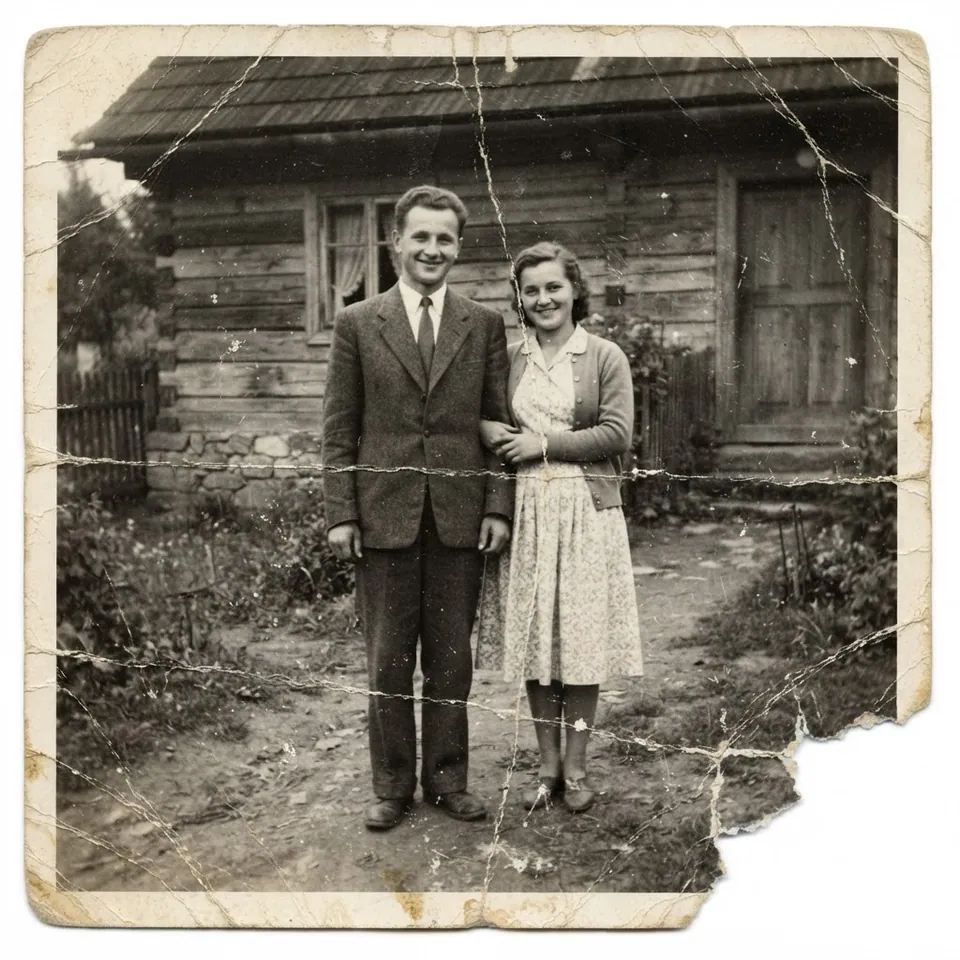 Wygenerowana „stara fotografia” z lat 60. z rysami i zagięciami - Gemini 3.1 Flash Lite Image przez API, ludzie wymyśleni